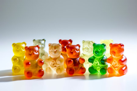 Group of gummy bears sitting next to each other on white surface. Generative AI.の素材