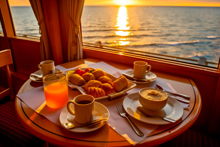 Table with plate of food and cup of coffee on it. Generative AI.の素材