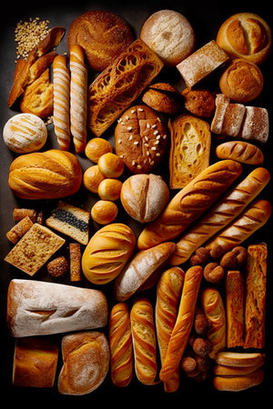 Variety of breads and pastries are arranged in a square pattern. Generative AI.の素材