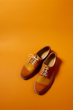 Pair of brown and tan shoes on orange background with white laces. Generative AI.の素材