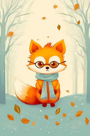 Red fox wearing glasses and scarf in snowy forest with falling leaves. Generative AI.の素材