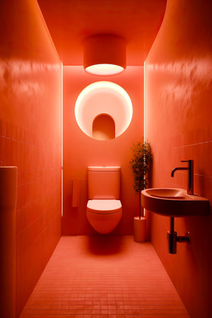 Bathroom with toilet, sink, mirror and plant in it. Generative AI.の素材