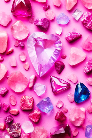 Pink heart surrounded by pink and blue crystals on bright pink background. Generative AI.の素材