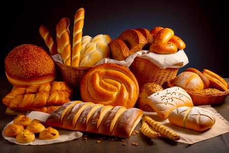 Variety of breads and pastries on black table with black background. Generative AI.の素材