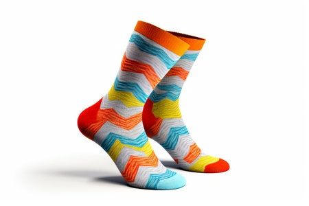Pair of colorful socks with orange, blue, and white chevrons. Generative AI.の素材