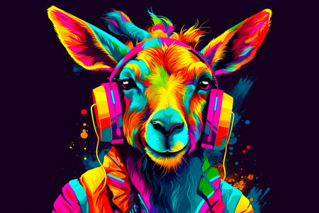 Colorful goat with headphones on and microphone in his earphones. Generative AI.の素材