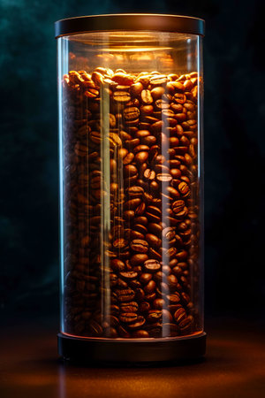 Glass jar filled with coffee beans on top of wooden table in front of dark background. Generative AI.の素材