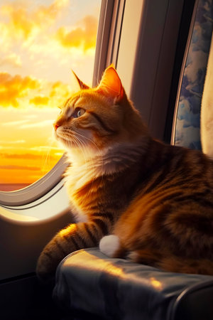 Cat sitting on window sill looking out the window at the sunset. Generative AI.の素材