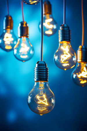 Bunch of light bulbs that are hanging from wire with blue background. Generative AI.の素材