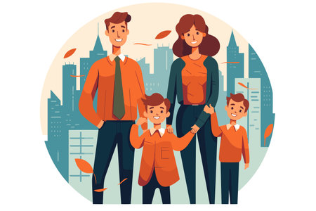Family of three standing in front of cityscape with leaves flying in the airのイラスト素材