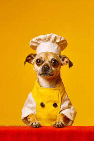 Small dog wearing chef's hat and holding plate of food. Generative AI.の素材