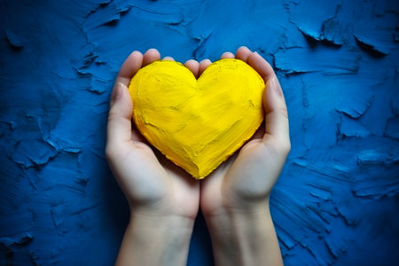Person holding yellow heart in their hands on blue painted background. Generative AI.の素材