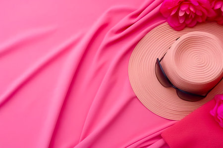 Hat, sunglasses, and pink dress on pink sheet with flower on it. Generative AI.の素材