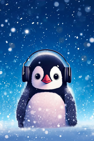 Penguin is wearing headphones while standing on snow covered ground with snow flakes. Generative AI.の素材