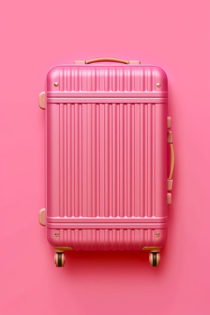 Pink piece of luggage on pink surface with wooden handle on pink background. Generative AI.の素材