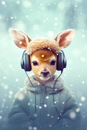 Deer wearing headphones and hoodie with hoodie on. Generative AI.の素材