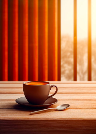 Cup of coffee and spoon on table in front of window. Generative AI.の素材