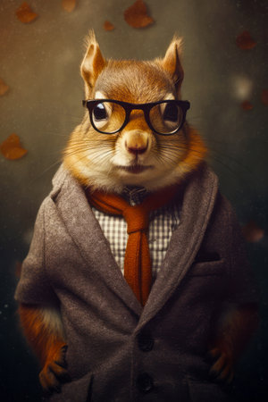 Picture of squirrel wearing suit and tie with scarf around his neck. Generative AI.の素材