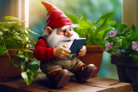 Statue of gnome sitting on table with tablet in front of potted plant. Generative AI.の素材