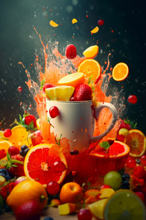 Cup filled with oranges, raspberries, lemons, and strawberries. Generative AI.の素材