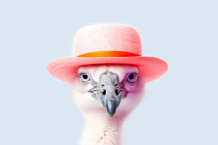 Close up of bird wearing pink hat with blue background. Generative AI.の素材