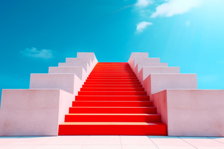 Set of red steps leading up to blue sky with clouds in the background. Generative AI.の素材