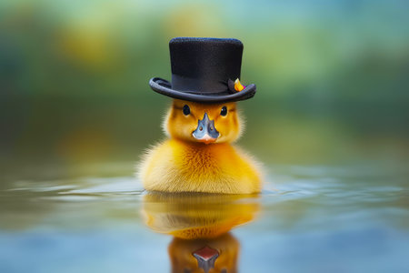 Yellow duck wearing top hat in the water with reflection on the water. Generative AI.の素材