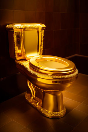 Gold toilet with gold lid and mirror on top of it. Generative AI.の素材