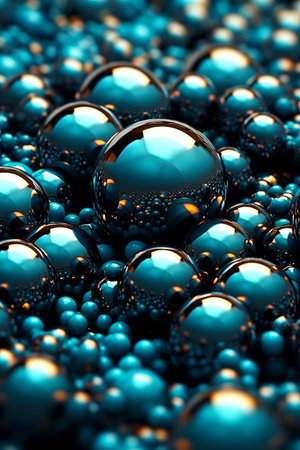 Bunch of shiny blue balls are in the middle of pile of blue balls. Generative AI.の素材