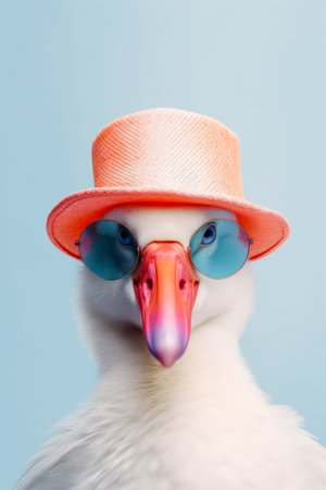 Close up of duck wearing red hat and blue goggles. Generative AI.の素材