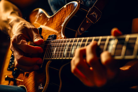 Close up of person playing guitar with their hands and fingers. Generative AI.の素材