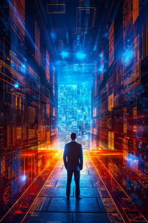 Man in suit standing in front of large city filled with buildings. Generative AI.の素材