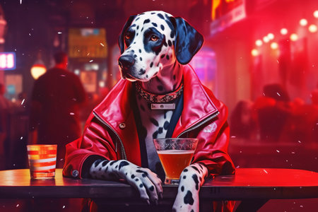 Dalmatian sitting at table with drink in front of him. Generative AI.の素材