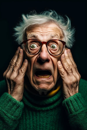 Man with glasses and green sweater covering his face with his hands. Generative AI.の素材