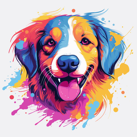 Colorful dog's face on white background with splash of paint.のイラスト素材