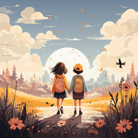 Couple of people standing in the grass with sky background.のイラスト素材
