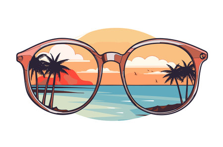 Pair of sunglasses with palm trees on the beach in front of sunset.のイラスト素材