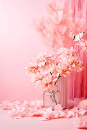 Vase filled with pink flowers on top of pink floor next to pink wall. Generative AI.の素材