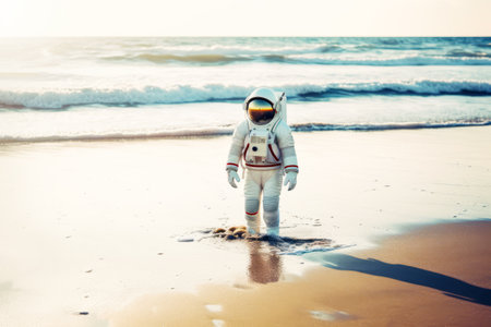 Small child in space suit standing on the beach next to the ocean. Generative AI.の素材