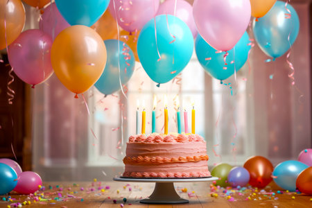 Birthday cake with pink frosting and lit candles surrounded by balloons and streamers. Generative AI.の素材