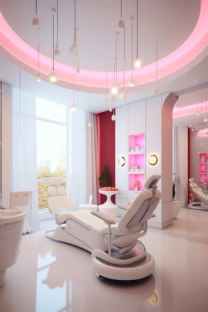 Room with white chair and pink light in the corner of the room. Generative AI.の素材