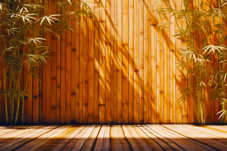 Bamboo wall with wooden floor and bamboo plants in the corner of the room. Generative AI.の素材