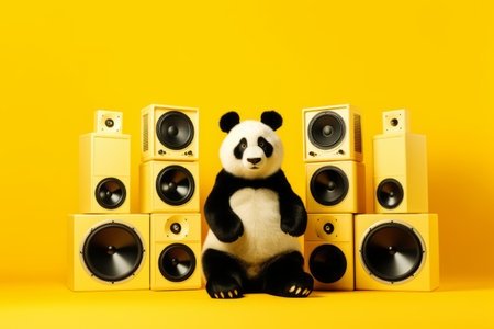 Stuffed panda bear sitting in front of a bunch of speaker's. Generative AI.の素材