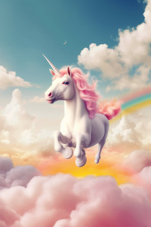 Unicorn is flying through the clouds with rainbow in the sky behind it. Generative AI.の素材