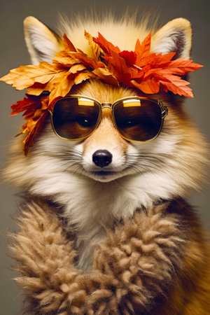Close up of dog wearing sunglasses and hat with leaves on it. Generative AI.の素材