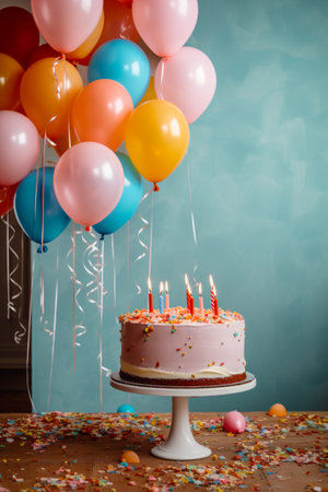 Birthday cake sitting on top of table with balloons and confetti. Generative AI.の素材