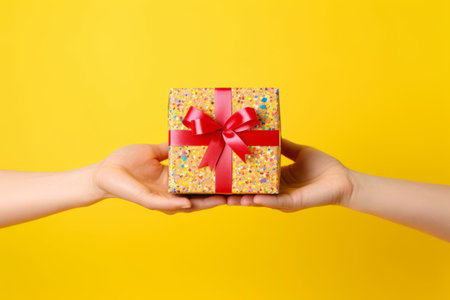 Person's hand holding gift box with red bow on it. Generative AI.の素材