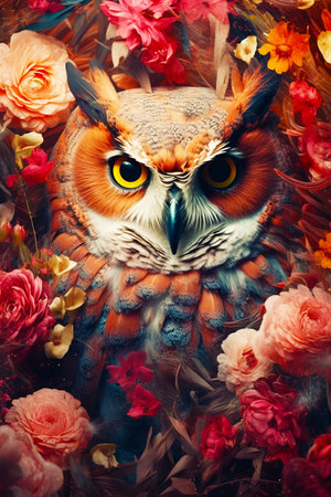Close up of owl surrounded by flowers and other things in the background. Generative AI.の素材