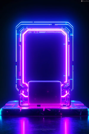 Neon frame with laptop in the middle of the frame on table. Generative AI.の素材