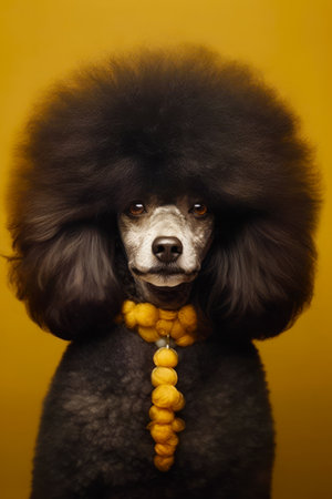 Black poodle with yellow bead around it's neck. Generative AI.の素材
